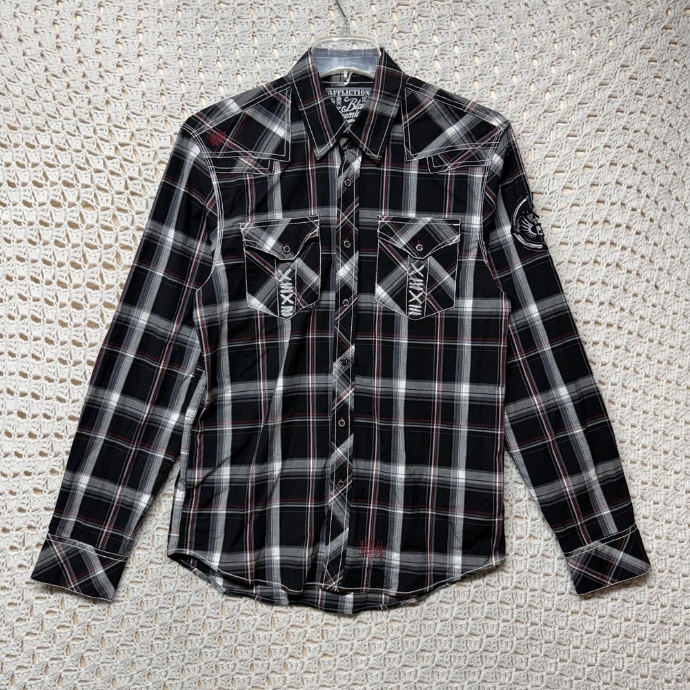 Affliction Black Premium Buckle Slim Shirt Mens Sz M Plaid Button Up Embroidery - Picture 3 of 10